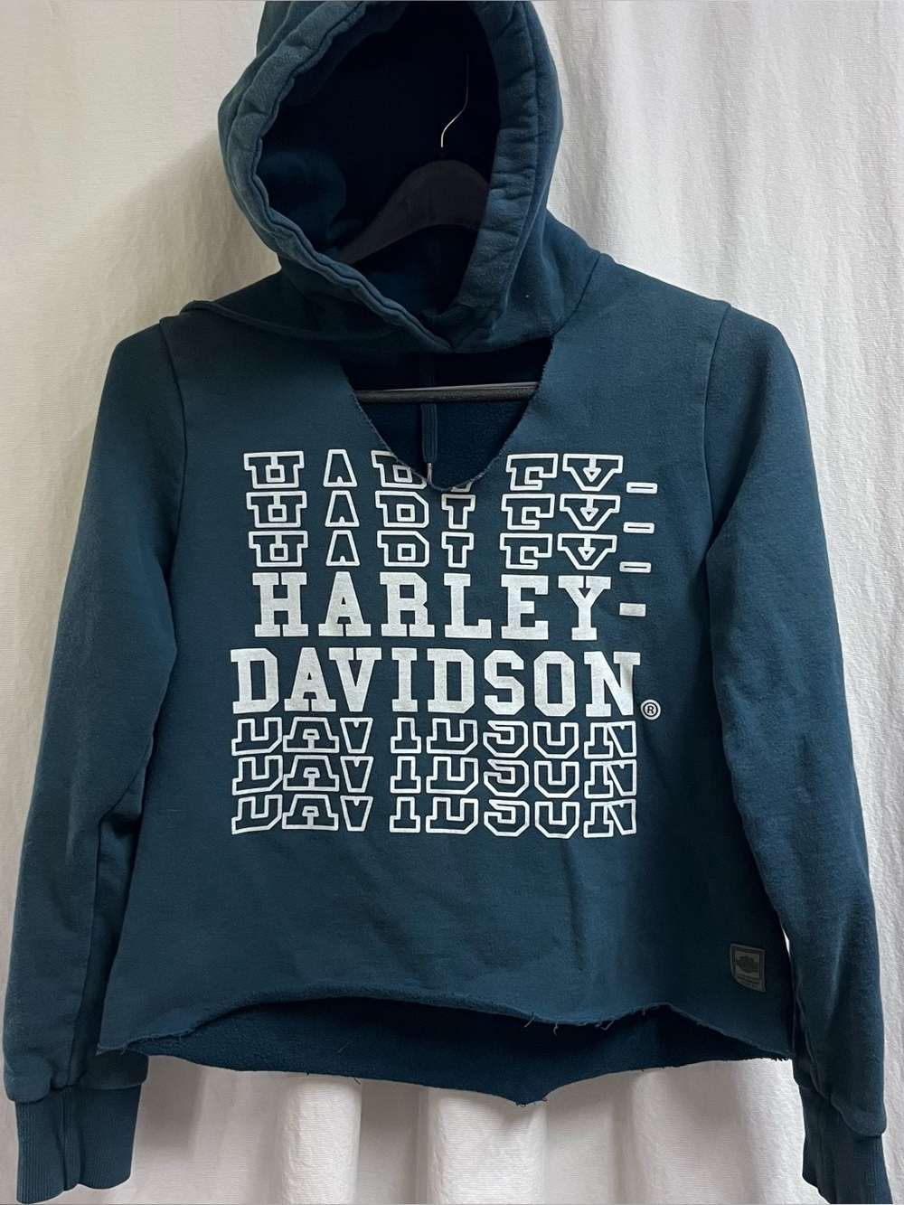 Harley-Davidson Women's Small Raw-Edge Pullover Fleece Hoodie - Green - Blue